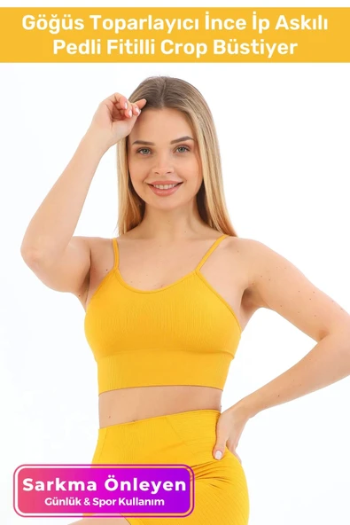 Özel Üretim Göğüs Toparlayıcı Sarkma Önleyen Spor Günlük İnce İp Askılı Pedli Fitilli Crop Büstiyer