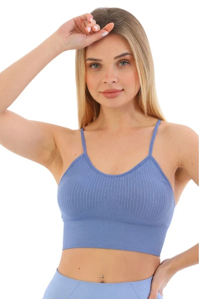 Özel Üretim Göğüs Toparlayıcı Sarkma Önleyen Spor Günlük İnce İp Askılı Pedli Fitilli Crop Büstiyer - 4