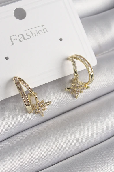 Pirinç Gold Renk Zirkon Taşlı Halka Model Yıldız Detay Kadın Küpe - TJ-BKP9989 ürün görseli 1