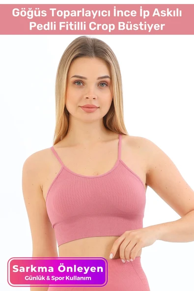 Özel Üretim Göğüs Toparlayıcı Sarkma Önleyen Spor Günlük İnce İp Askılı Pedli Fitilli Crop Büstiyer
