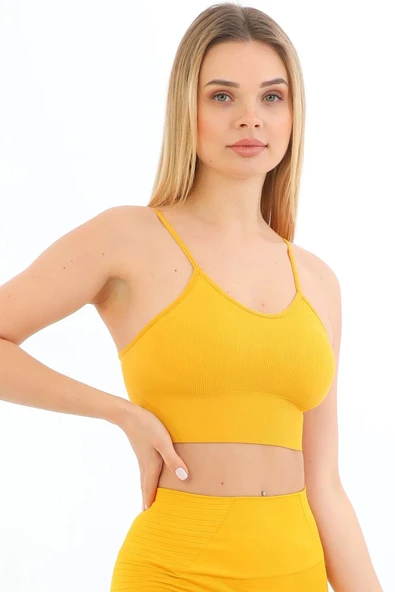 Özel Üretim Göğüs Toparlayıcı Sarkma Önleyen Spor Günlük İnce İp Askılı Pedli Fitilli Crop Büstiyer - 5