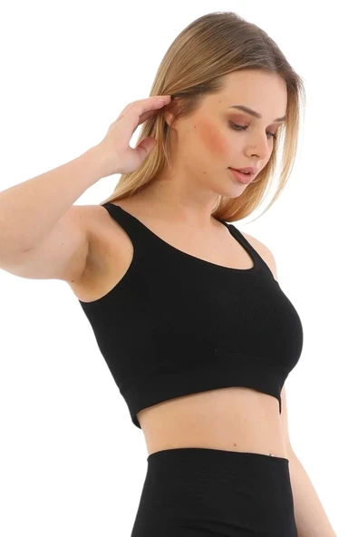 Premium Göğüs Toparlayıcı Sarkma Önleyen Spor Günlük Kalın Askılı Pedli Fitilli Crop Büstiyer - 2
