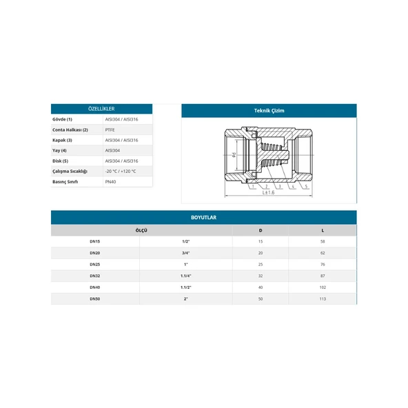 1/2" PASLANMAZ DİK ÇEKVALF 304 - 2