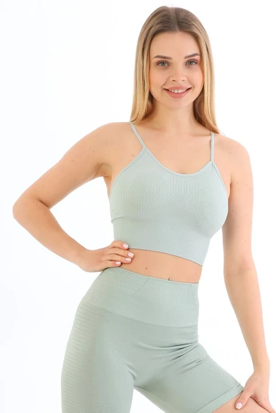 Özel Üretim Göğüs Toparlayıcı Sarkma Önleyen Spor Günlük İnce İp Askılı Pedli Fitilli Crop Büstiyer - 2