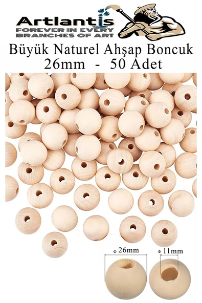 Naturel Ahşap Boncuk 26mm 50 li 1 Paket Ham Boyanabilir Ahşap Yuvarlak Doğal Boncuklar Takı Tasarım Ektinlik Kreş Okul