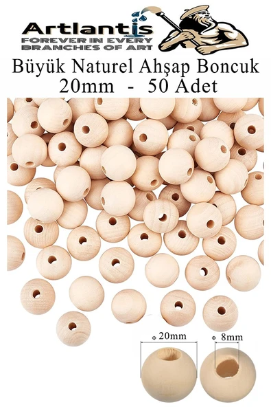 Naturel Ahşap Boncuk 20mm 50 li 1 Paket Ham Boyanabilir Ahşap Yuvarlak Doğal Boncuklar Takı Tasarım Ektinlik Kreş Okul