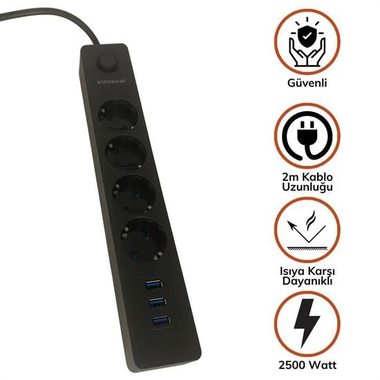 Grup Priz Akım Korumalı 4 Priz 3 USB Girişli Uzatma Kablosu Güç&Şarj - 4