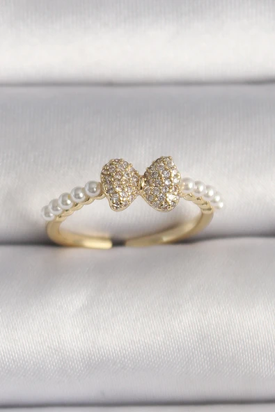 Pirinç Gold Renk Zirkon Taşlı Fiyonk İnci Detay Ayarlanabilir Yüzük - TJ-BYK3525 ürün görseli 1