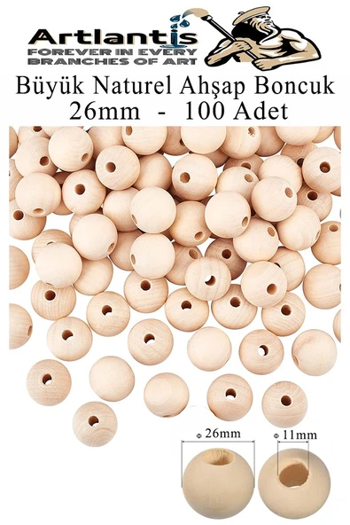 Naturel Ahşap Boncuk 26mm 100 lü 1 Paket Ham Boyanabilir Ahşap Yuvarlak Doğal Boncuklar Takı Tasarım Ektinlik Kreş Okul