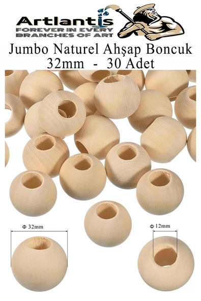 Naturel Ahşap Boncuk 32mm 30 lu 1 Paket Ham Boyanabilir Ahşap Yuvarlak Doğal Boncuklar Takı Tasarım Ektinlik Kreş Okul