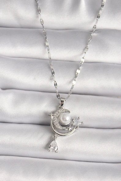 316L Çelik Gümüş Renk Zirkon Taşlı Ay Yıldız Sallantı Detay Kadın Kolye - TJ-BKO9671 ürün görseli 1