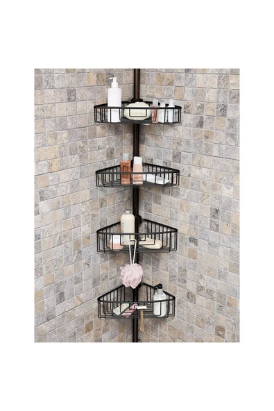 Aluminyum 4 Raflı Yaylı Banyo Köşe Seti Siyah