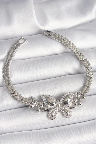 Pirinç Gümüş Renk Zirkon Taşlı Kelebek Model Kadın Bileklik - TJ-BB6815 ürün görseli 1