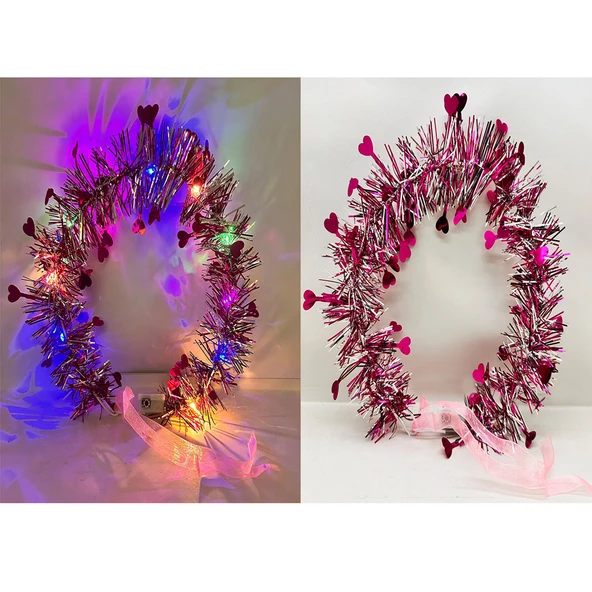 Kalp Püsküllü Gece Parıltısı 3 Modlu LED li Işıklı Taç Fuşya Renk ürün görseli 1