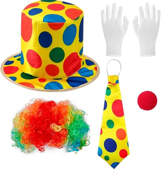 Renkli Palyaço Kostüm Seti – 5 Parça Aksesuar (Şapka, Peruk, Kravat, Eldiven, Burun) ürün görseli 1