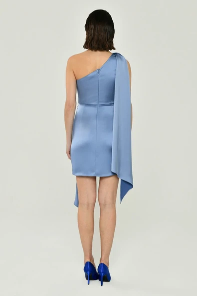 Tek Omuz Düğüm Detaylı Yırtmaçlı Saten Abiye Elbise Alfa Beta - Resim 3