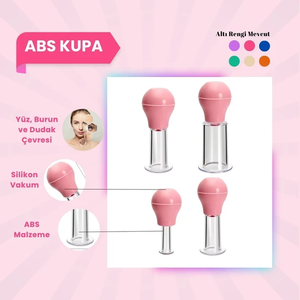 Silikon Vakumlu ABS Plastik Yüz Masaj Kupası 4'lü Set Pembe