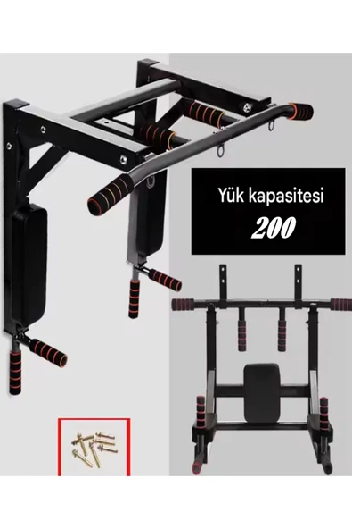 3in1 Büyük Duvara Monte Barfiks ve Dips Standı Güçlü ve Dayanıklı Sırt ve Kol Fitness Barı - 3
