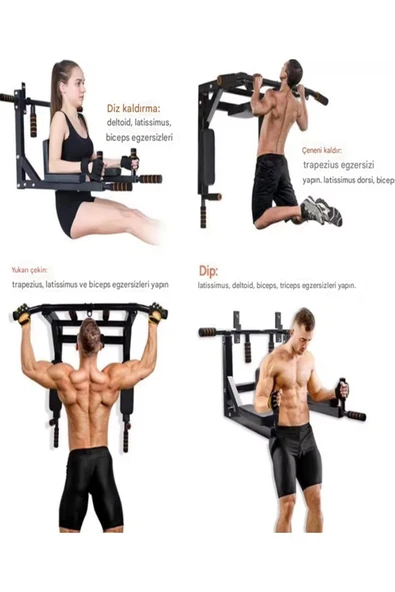 3in1 Büyük Duvara Monte Barfiks ve Dips Standı Güçlü ve Dayanıklı Sırt ve Kol Fitness Barı - 4