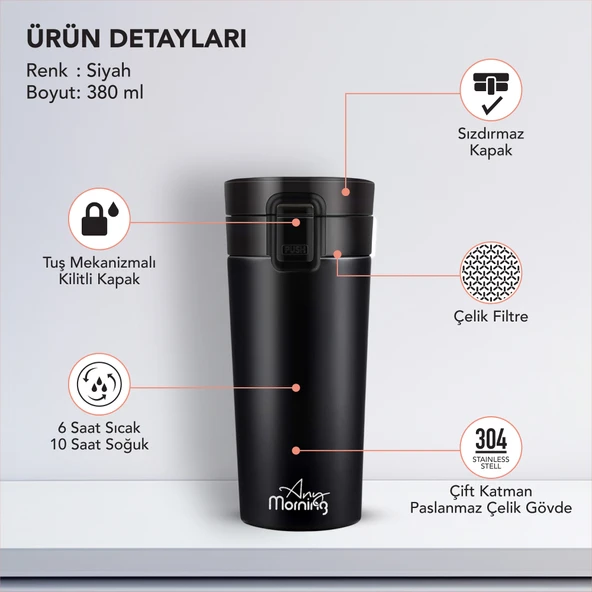 Any Morning BA21522 Paslanmaz Çelik Termos Mug 380 Ml Siyah, Sızdırmaz Kapak, Tuş Mekanizmalı Kilit, Çift Duvarlı Yalıtım - 5