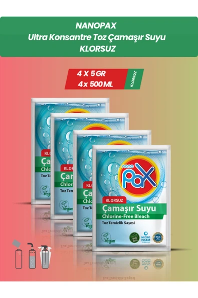 4 ADET KLORSUZ ULTRA KONSANTRE TOZ ÇAMAŞIR SUYU (5GR = 500ML)