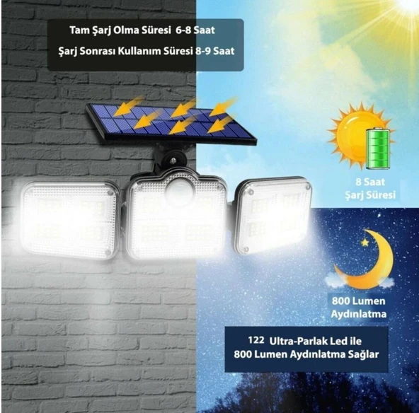 Kumandalı Solar Güneş Enerjili 122 Ledli Hareket Sensörlü Bahçe Aydınlatma Sokak Lambası - 2