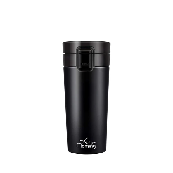 Any Morning BA21522 Paslanmaz Çelik Termos Mug 380 Ml Siyah, Sızdırmaz Kapak, Tuş Mekanizmalı Kilit, Çift Duvarlı Yalıtım