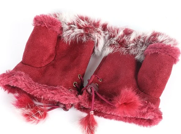 Kışlık bayan tüylü Parmaksız Eldiven - Resim 4