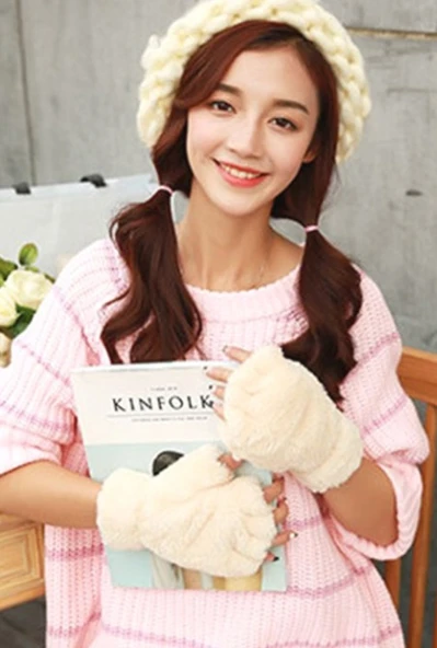 Bayan Peluş Eldiven Kısa Parmak Yarım Eldiven - 2