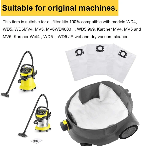 Islak Kuru Süpürge Toz Torbası 5 adet Karcer MV4  MV5 MV6 ile uyumlu - 3