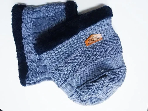 Unisex Bayan erkek kışlık kalın bere ve boyunluk Açık gri - 3