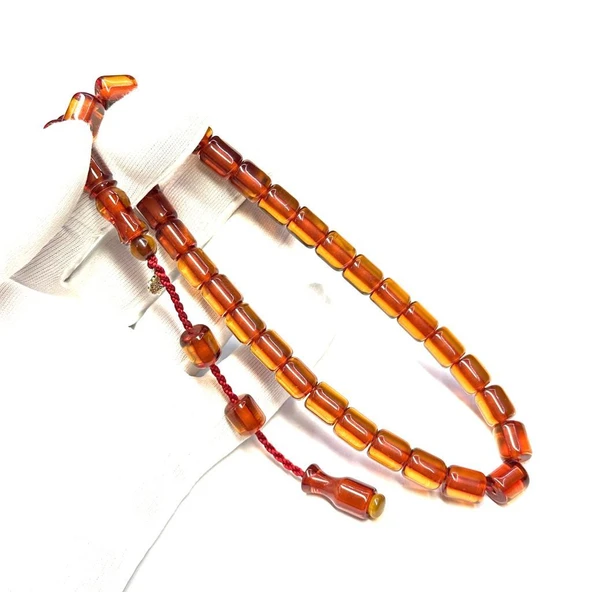 Şükrü Baba Usta İmzalı Sistemli Çubuk Malzeme Kesme Model 9-10,5mm Ateş Sarısı Renk İp Yolları Kırmızı Sıkma Ateş Kehribar Tesbih