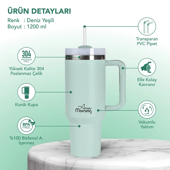 Any Morning SI2440217 Çift Katman Paslanmaz Çelik Termos Mug 1200 Ml Su Yeşili, Sızdırmaz ve Üç Aşamalı Çevrilebilir Kapak - 2