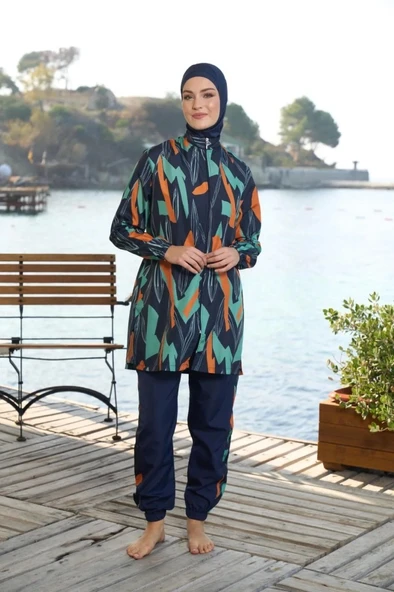 Estiva 25963  Kadın Tam Kapalı Fermuarlı Geometrik Desenli Lacivert Tesettür Mayo - 2