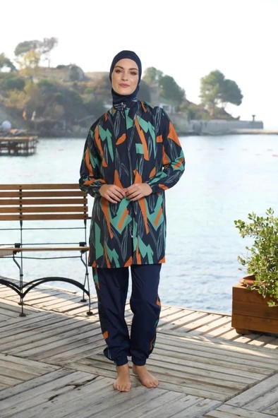 Estiva 25963  Kadın Tam Kapalı Fermuarlı Geometrik Desenli Lacivert Tesettür Mayo - 4