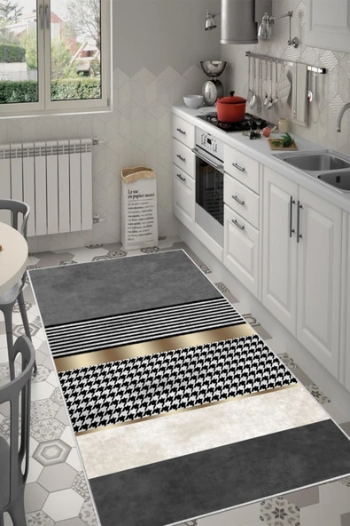 Makinede Yıkanabilir Leke Tutmaz  Gri Kaymaz Deri Taban Modern Yıkanabilir Mutfak Halısı  ÇOKLU 80 x 300 - Resim 4
