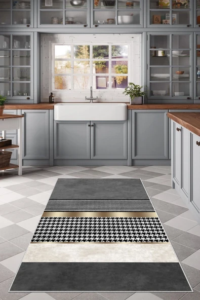 Makinede Yıkanabilir Leke Tutmaz  Gri Kaymaz Deri Taban Modern Yıkanabilir Mutfak Halısı  ÇOKLU 80 x 300 - Resim 2