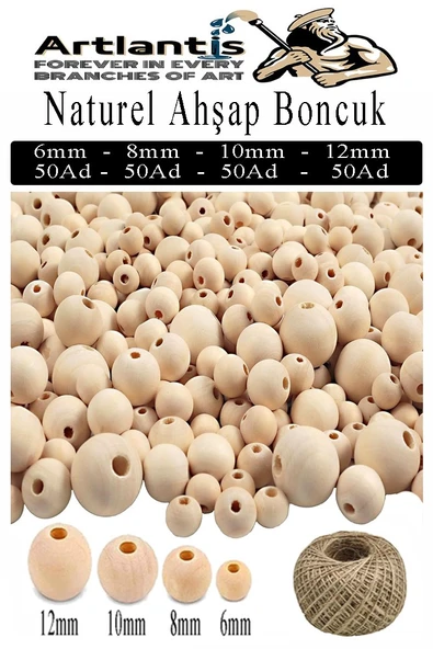 Naturel Ahşap Boncuk 200 lü 1 Paket Jüt İpi Ham Boyanabilir Ahşap Yuvarlak Doğal Boncuklar Takı Tasarım Ektinlik Kreş