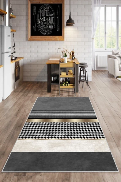 Makinede Yıkanabilir Leke Tutmaz  Gri Kaymaz Deri Taban Modern Yıkanabilir Mutfak Halısı  ÇOKLU 80 x 300 - Resim 3
