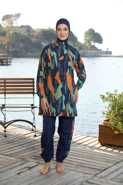Estiva 25963  Kadın Tam Kapalı Fermuarlı Geometrik Desenli Lacivert Tesettür Mayo - 7