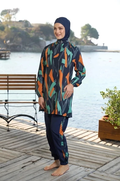 Estiva 25963  Kadın Tam Kapalı Fermuarlı Geometrik Desenli Lacivert Tesettür Mayo - 5