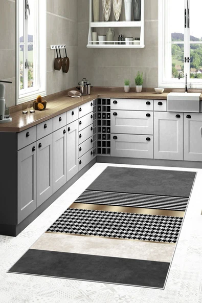 Makinede Yıkanabilir Leke Tutmaz  Gri Kaymaz Deri Taban Modern Yıkanabilir Mutfak Halısı  ÇOKLU 80 x 300 ürün görseli