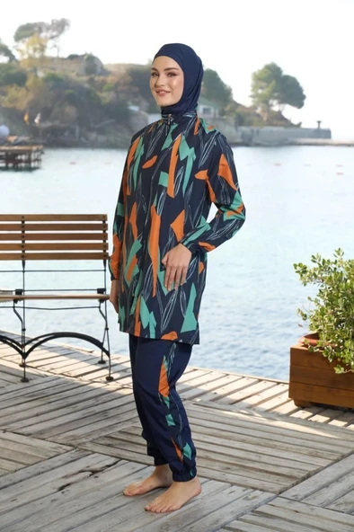 Estiva 25963  Kadın Tam Kapalı Fermuarlı Geometrik Desenli Lacivert Tesettür Mayo - 3