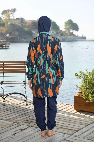 Estiva 25963  Kadın Tam Kapalı Fermuarlı Geometrik Desenli Lacivert Tesettür Mayo - 6