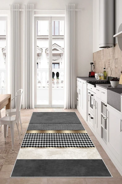 Makinede Yıkanabilir Leke Tutmaz  Gri Kaymaz Deri Taban Modern Yıkanabilir Mutfak Halısı  ÇOKLU 80 x 300 - Resim 5