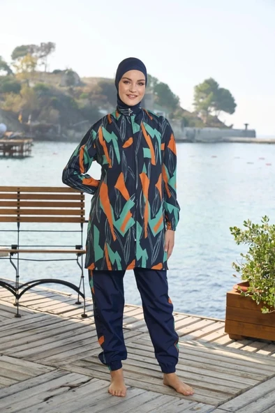 Estiva 25963  Kadın Tam Kapalı Fermuarlı Geometrik Desenli Lacivert Tesettür Mayo
