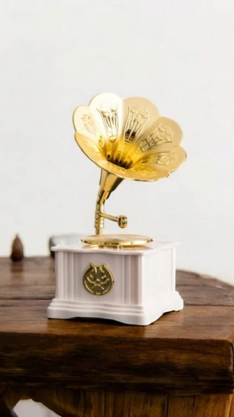 Kurmalı ve Müzikli Nostaljik Beyaz Gramofon Müzik Kutusu - 2