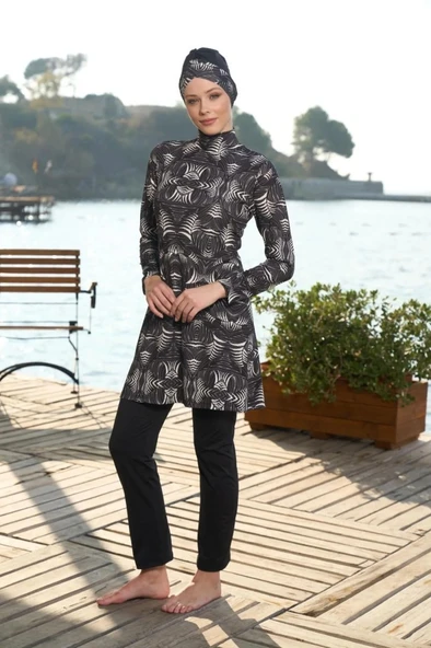 Estiva 25933 Siyah Dijital Desenli Tam Boy Lycralı Tesettür Mayo - Resim 4