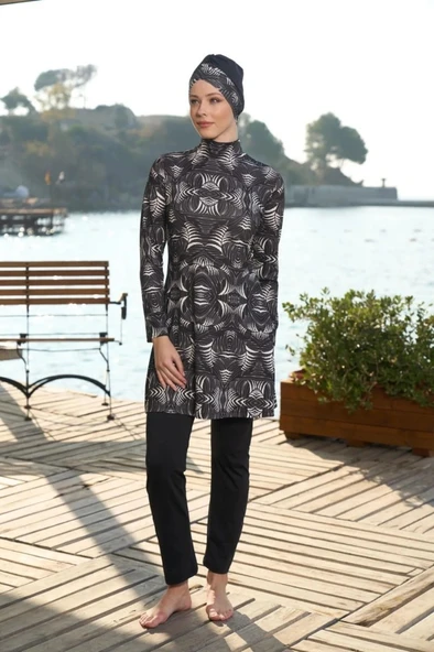 Estiva 25933 Siyah Dijital Desenli Tam Boy Lycralı Tesettür Mayo - Resim 14