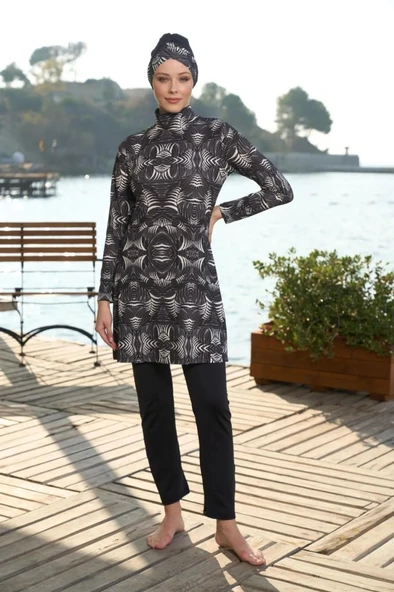 Estiva 25933 Siyah Dijital Desenli Tam Boy Lycralı Tesettür Mayo - Resim 7